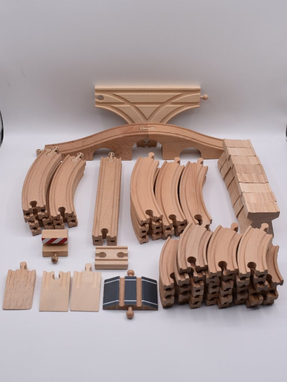 Lot of 55 Wooden Trains Tracks Ascending Descending Curved Connectors Straight